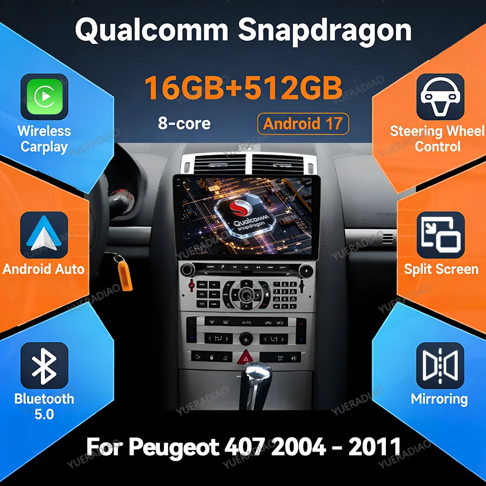 Android 17 Car Radio For Peugeot 407 Cc SW 407CC 2004 - 2011 Touch Screen Carplay Automotive Mirror Link 4G WIFI Backup Camera