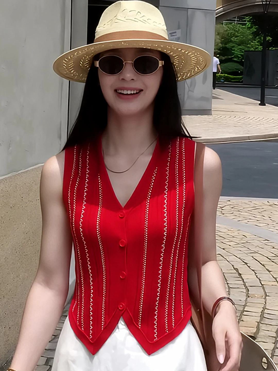 

Faionable Sweet And Spicy Girl Red Stripes Design Knitted Open Cardigan Women's Summer Versatile Vest Thin Sle V-ne