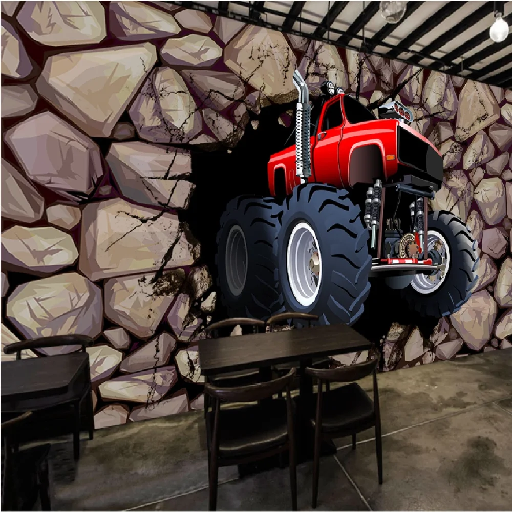 Milofi  Custom nostalgic 3d retro broken wall off-road vehicle restaurant bar background wallpaper mural