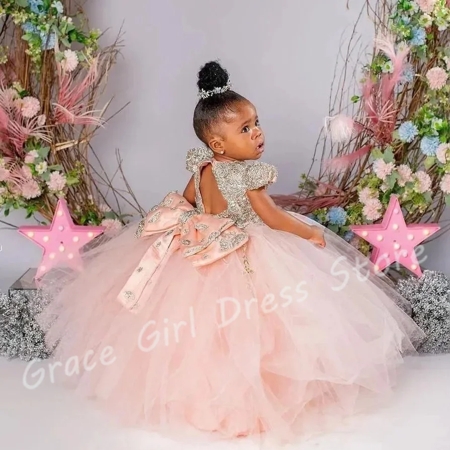 

Customized Blush Pink Flower Girl Dress For Wedding Backless Appliques Tulle Gorgeous Toddler Birthday Party Photo Shoot Gown