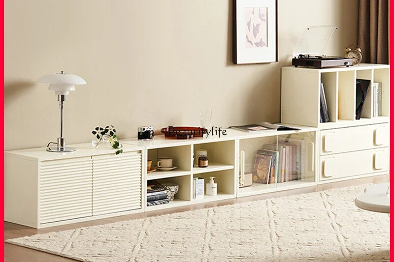 Cream wind free combination TV cabinet small apartment floor storage locker integrated