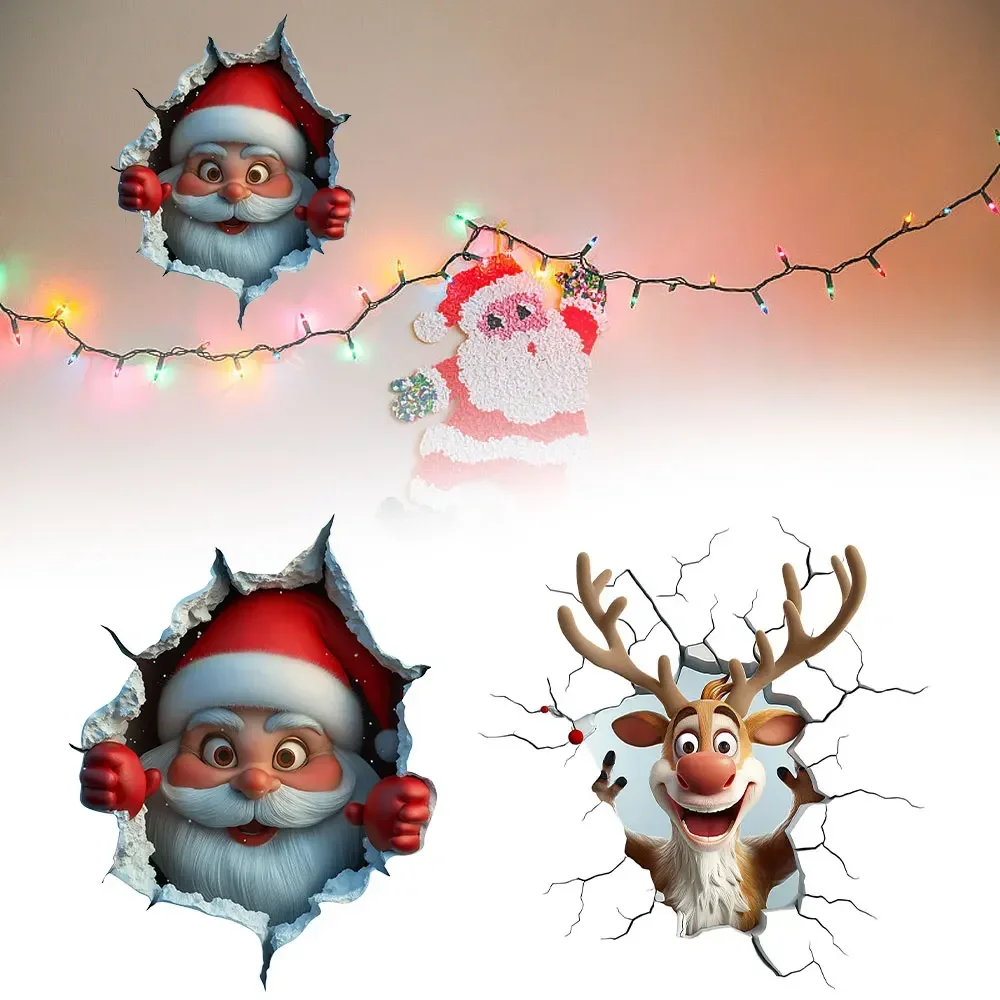 3D Christmas Sticker Cartoon Santa Reindeer Break-Through Claus Decal Sticker Creative Broken Wall Stickers for Home Door Decor