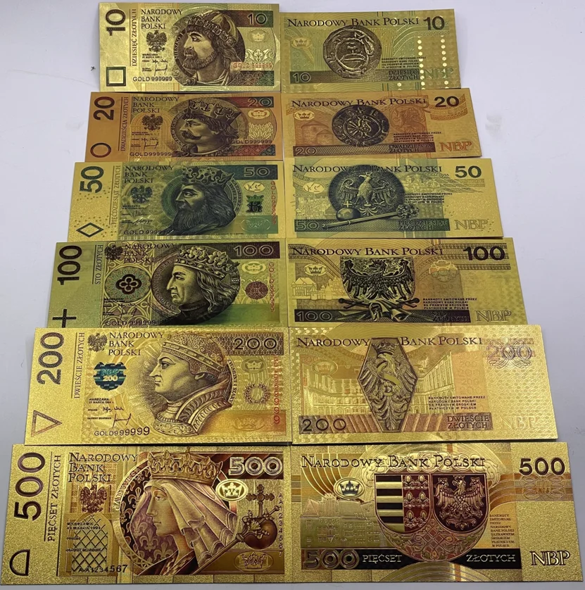 Poland 10 20 50 100 500 1000 Banknotes Colored Gold Foil Polish Banknote for Currency Crafts Colleciton and Gifts