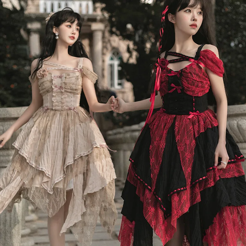 Short Sleeve Irregular Hem Jsk Lolita Party Dress Japanese Style Sweet Princess Costume Patchwork Red Summer Ruffle Kawaii Dress