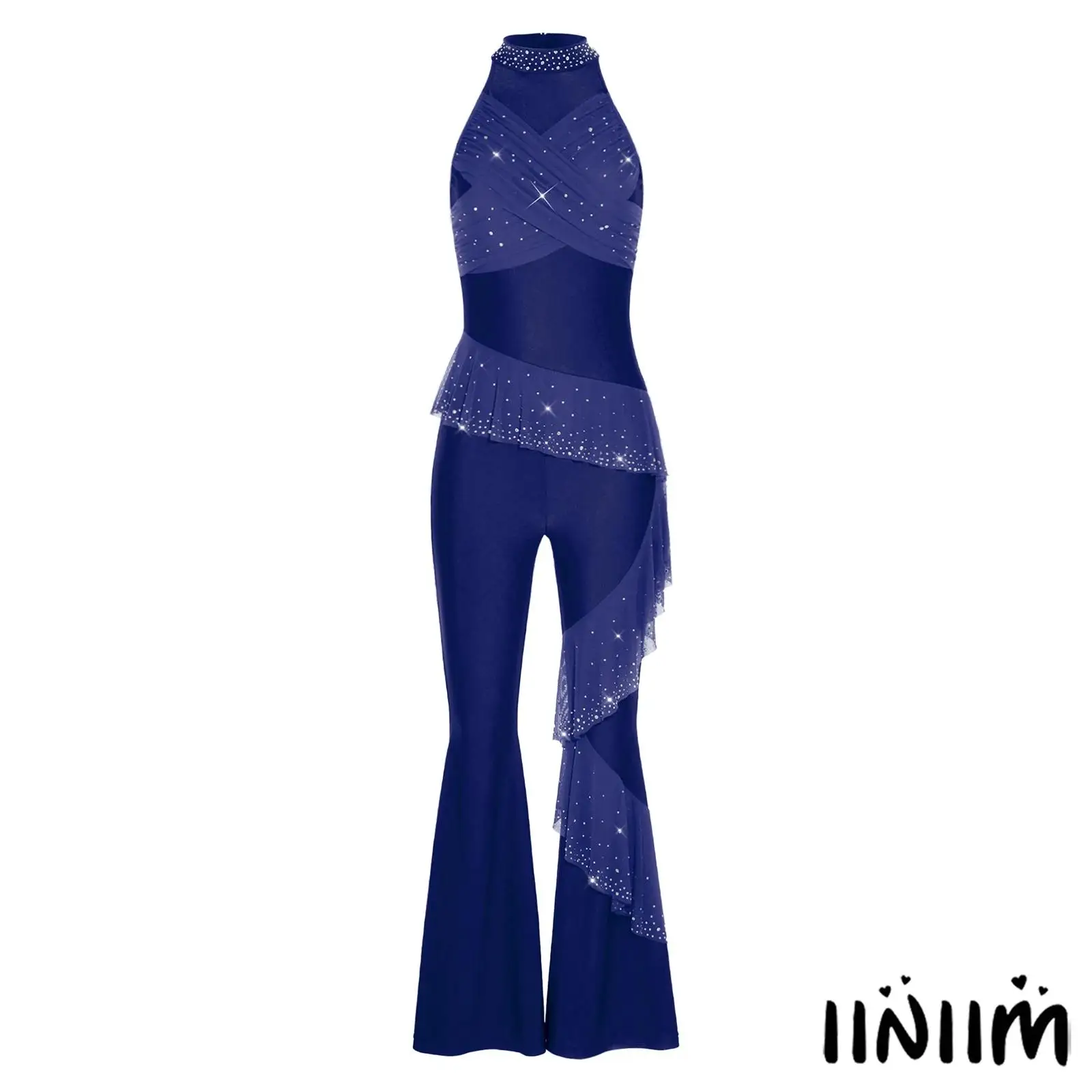 

Sleeveless Jazz Ballroom Dance Romper Jumpsuit for Women Mock Neck Mesh Overlay Flared Bell Bottoms for Belly Dance Clothing