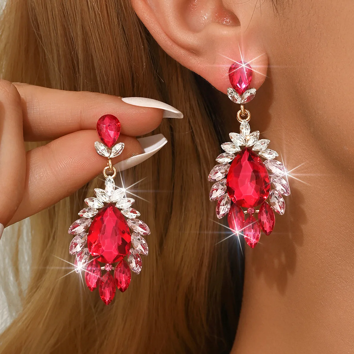 New Opulent Navette Fan Teardrop Rhinestone Earrings for Women Marquise Halo Ornate Statement Wedding Pageant Evening Party Gift