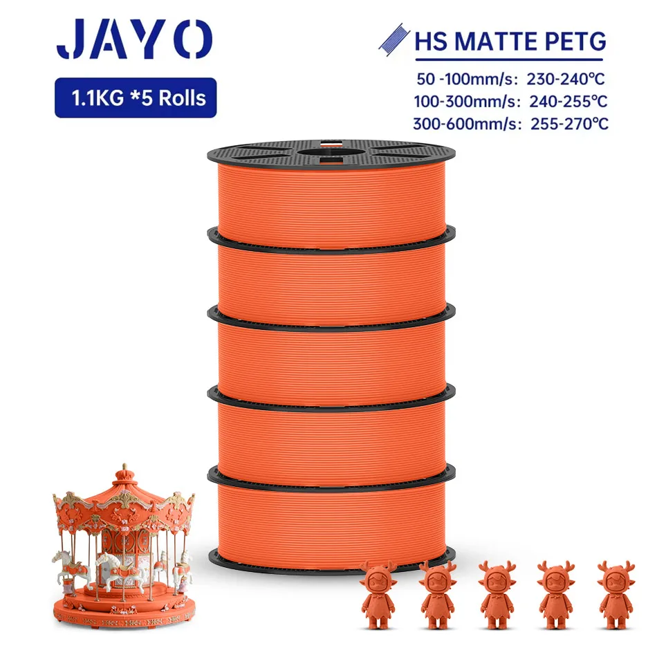 JAYO PETG 3D-Filament, 1,75 mm, Hochgeschwindigkeits-PETG-3D-Drucker-Filament, 5 Rollen, hoher Durchfluss, schneller, mattierter Effekt, 3D-Druckmaterialien