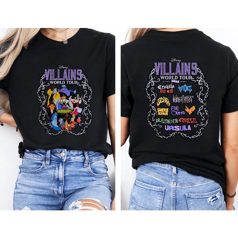 Camiseta de gira de villanos de Disney, Camiseta de algodón puro para mujer, novedad de verano Y2K, traje de pareja de gran tamaño para hombres y mujeres