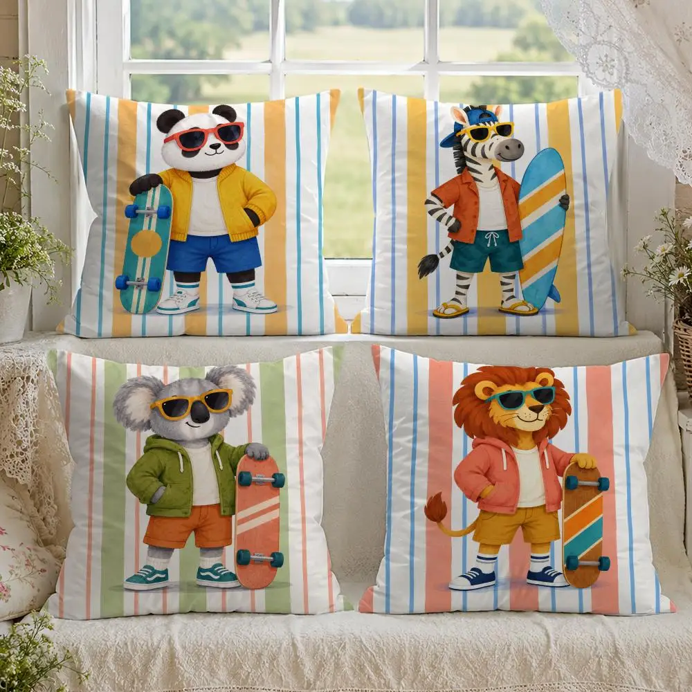 Stylish Cartoon Animals Skateboarding Surfing Cushion Cover 1/4PCS Linen Sofa Couch Bedroom Living Room Home Decor Pillow Case