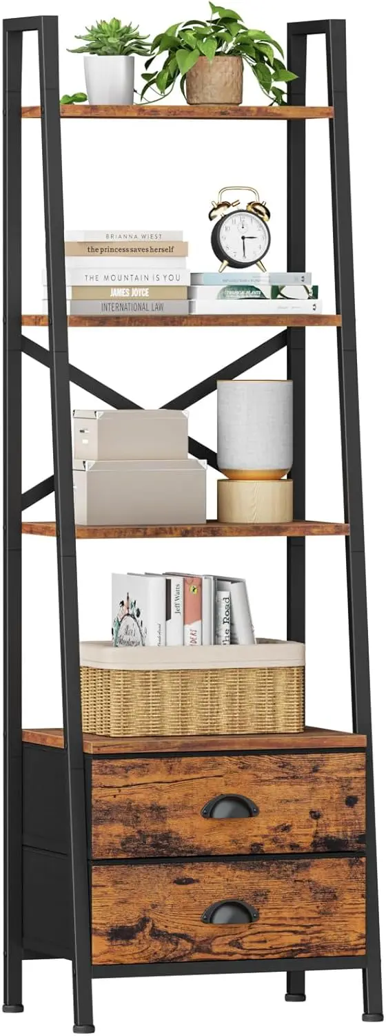 

4-Tier Ladder Shelf,Small Bookshelf with 2 Drawers,Vertical Bookcase Storage Rack Organizer,Rustic Bookshelves for Livin