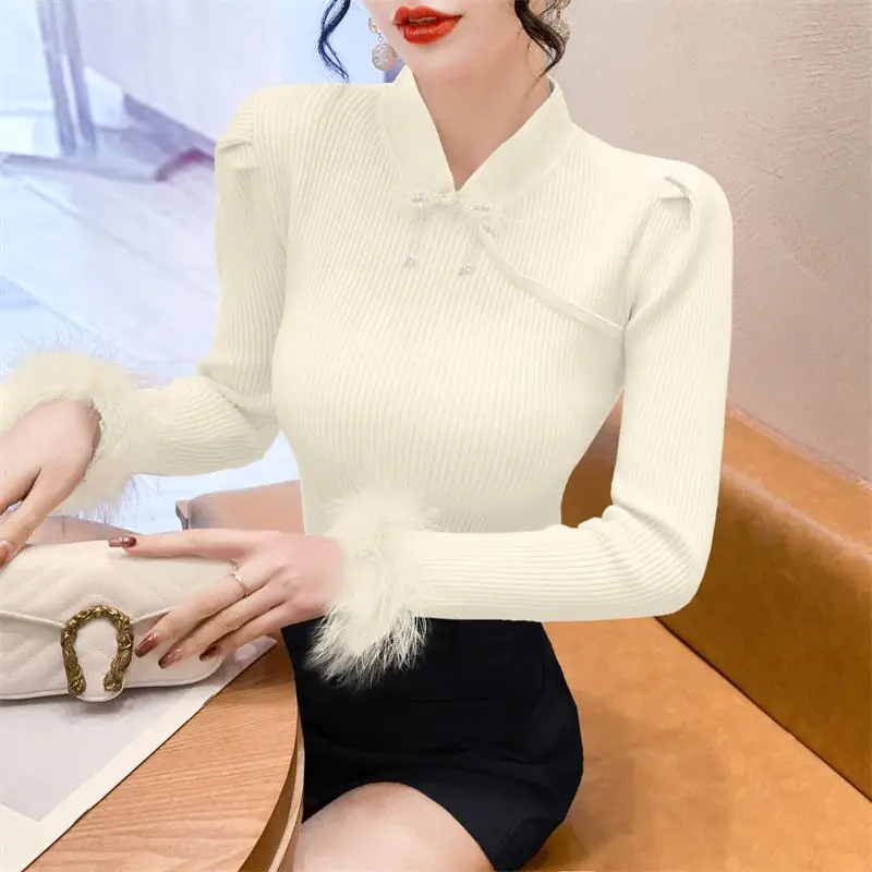 Women's Chinese Style Vintage Beaded Elegant Basic Knitted Sweater Stand Collar Sweet Chic Fluffy Long Sleeve Slim Pullover Top