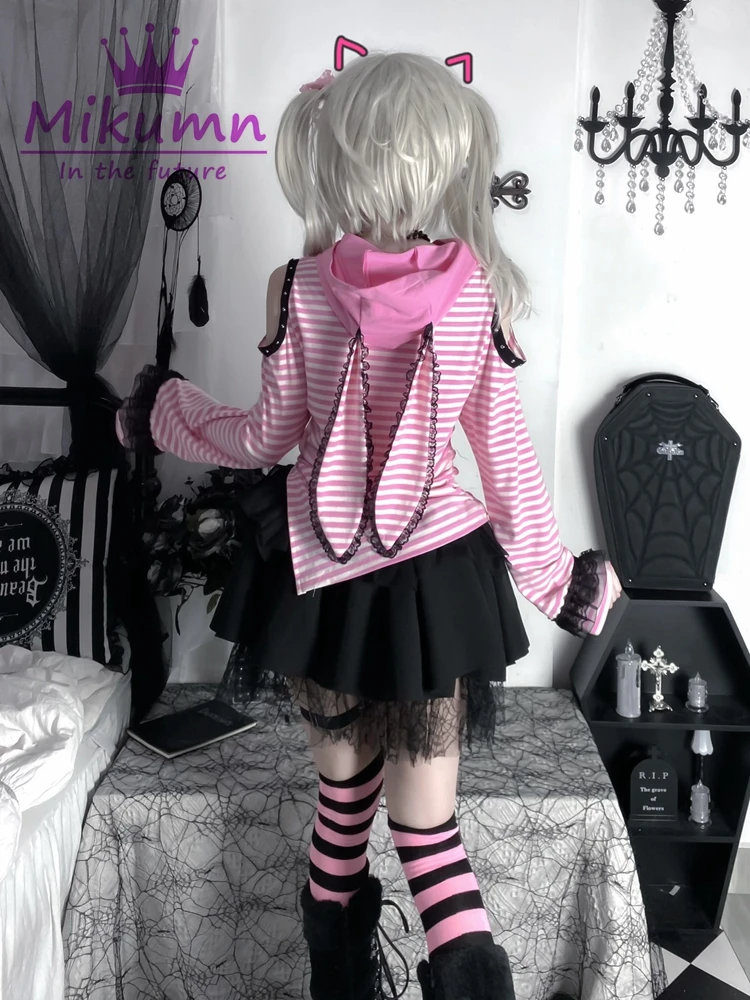 Mikumn Japanese Harajuku Y2k Striped Lace Rabbit Ear Hooded T-Shirt Gothic Girls Kawaii Pink Off Shoulder Long Sleeve Tops Tees