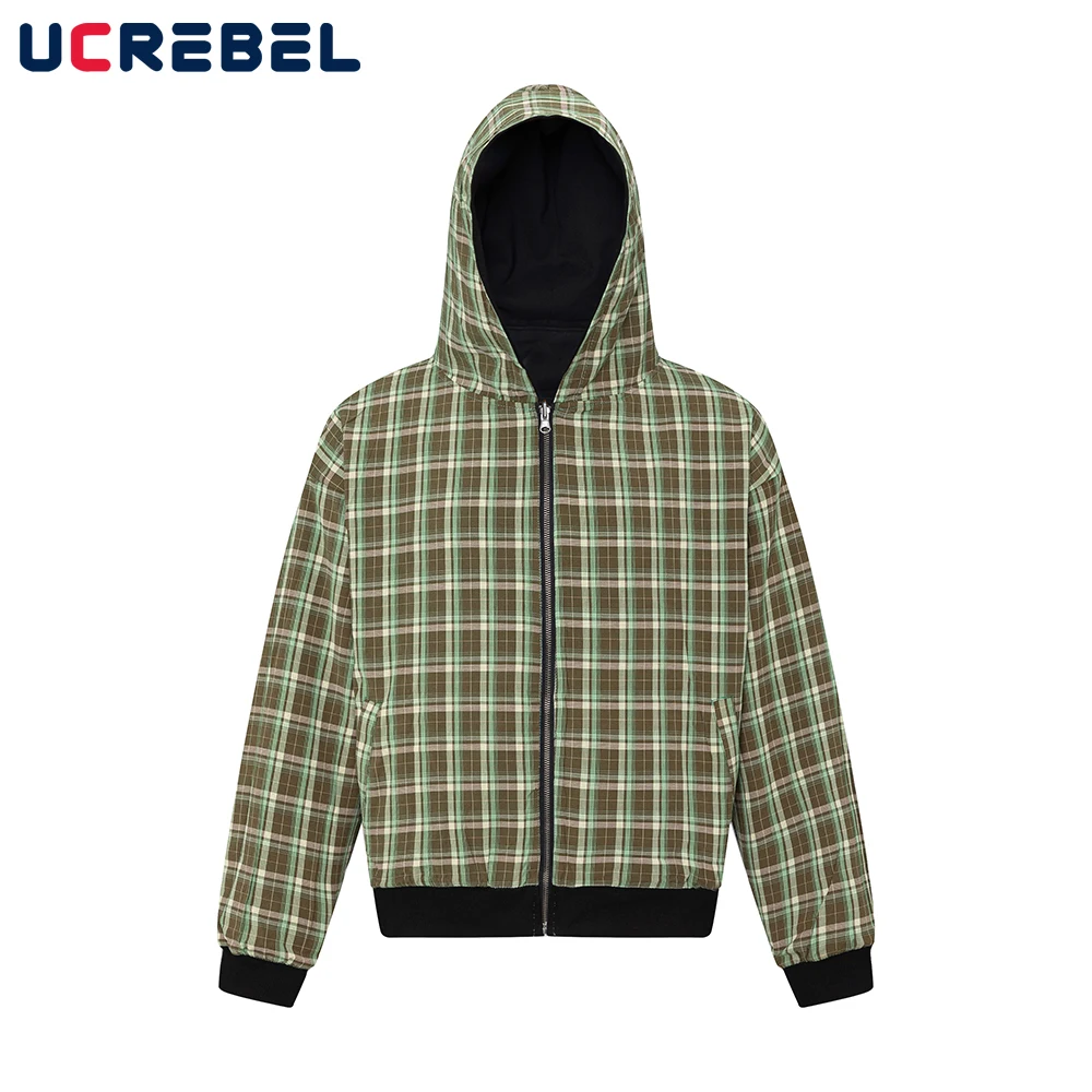 

Plaid Double-sided Hoodies Mens Sequined High Street Autumn Winter Loose Long Sleeve Hooded Sweatshirts Outerwear Men