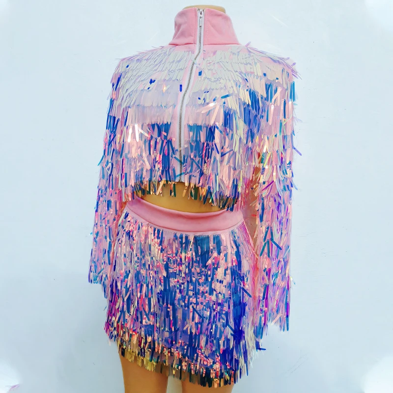 Rosa und lila Pailletten-Quasten-Laser-Outfit für Damen, bunt, Tanz, Sänger, Bühnenoberteil, Rock, Nachtclub, Bar, DJ, DS, Performance-Kostüm – Detail 4