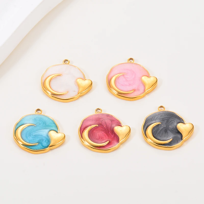 

4pcs Stainless Steel Enamel Star Moon Heart Pendants for Women Necklace Gold 18mm Round Charms DIY Jewelry Making Findings