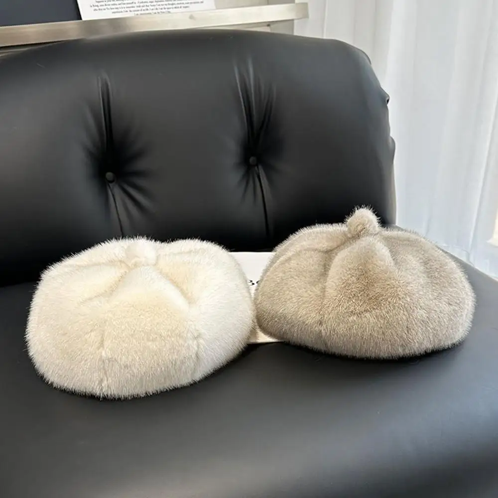 Boinas de piel sintética de visón para mujer, gorro de felpa de visón cálido para invierno, boina elegante para mujer, gorro de pintor de artista, gorros gruesos y cálidos de calabaza