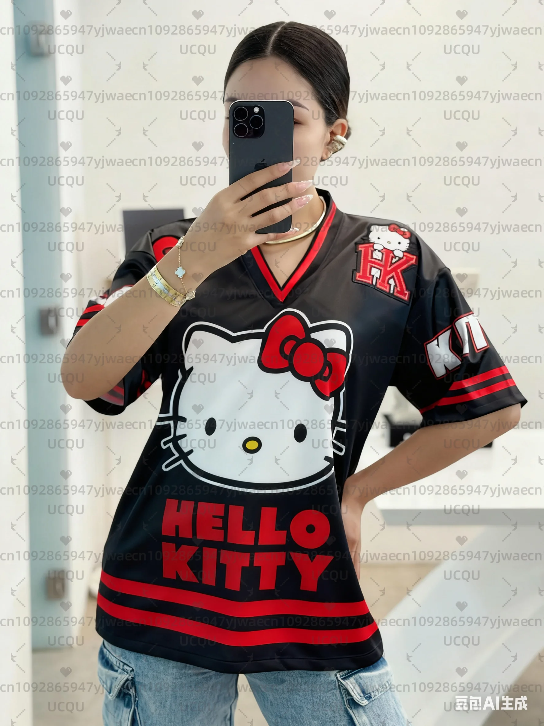 

2025 HELLO KITTY Print V-Neck Short Sleeve T-Shirt Summer Baseball Jerseys Stripe Plus Size Sport Men's Women's T-Shirt