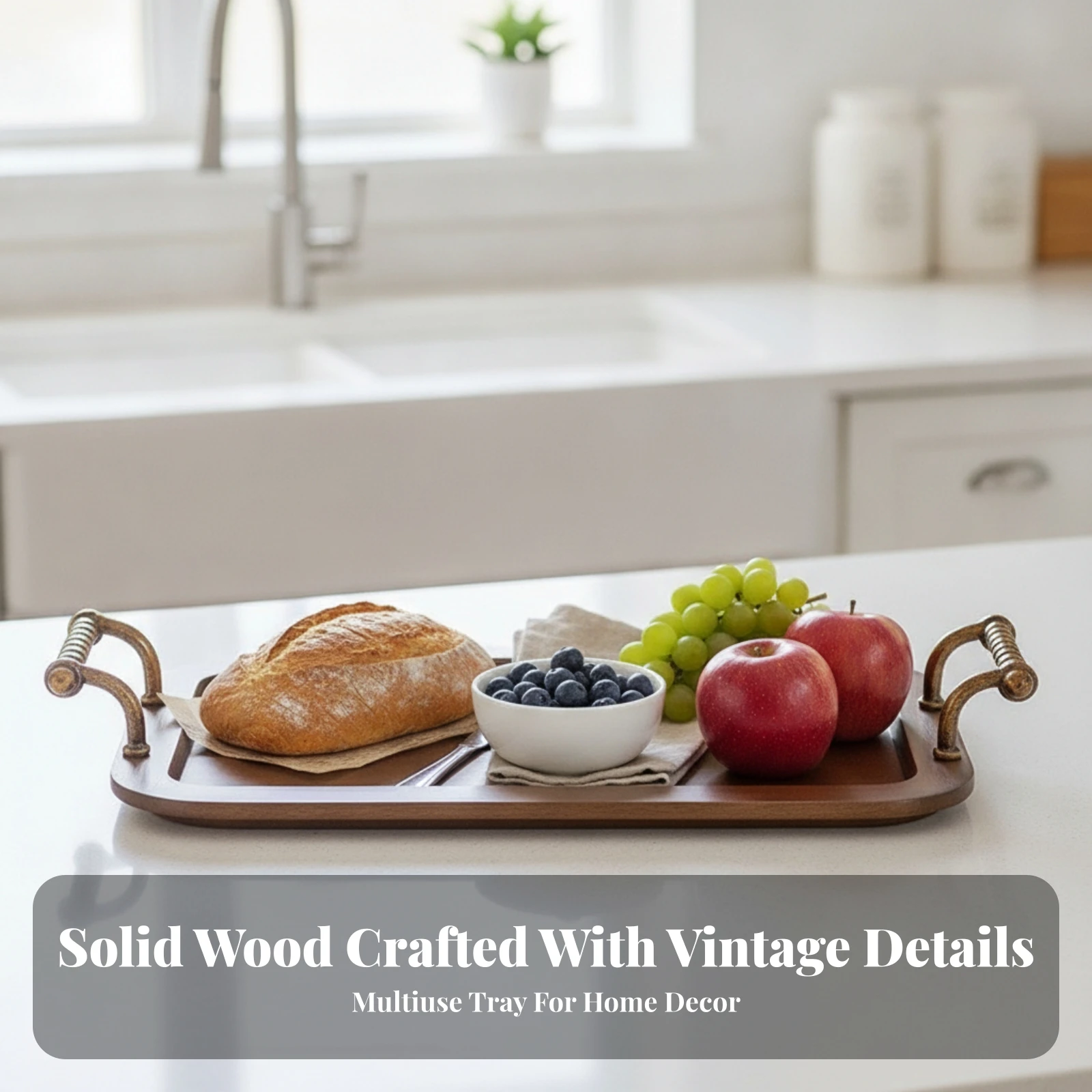 Rectangular Wood Tray with Handles Versatile Serving Tray with Handles Large Elegant for Entertaining, Afternoon Tea