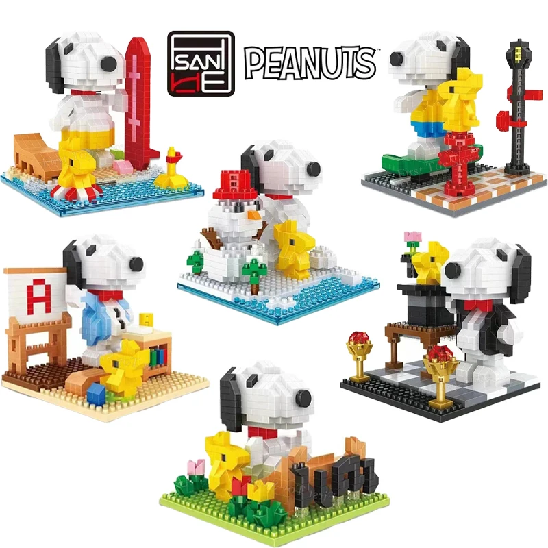 Genuine Peanuts Anime Snoopy Figures Kawaii Cartoon Building Blocks Toy Mini Bricks Assemble Educational Toys For Children Gifts