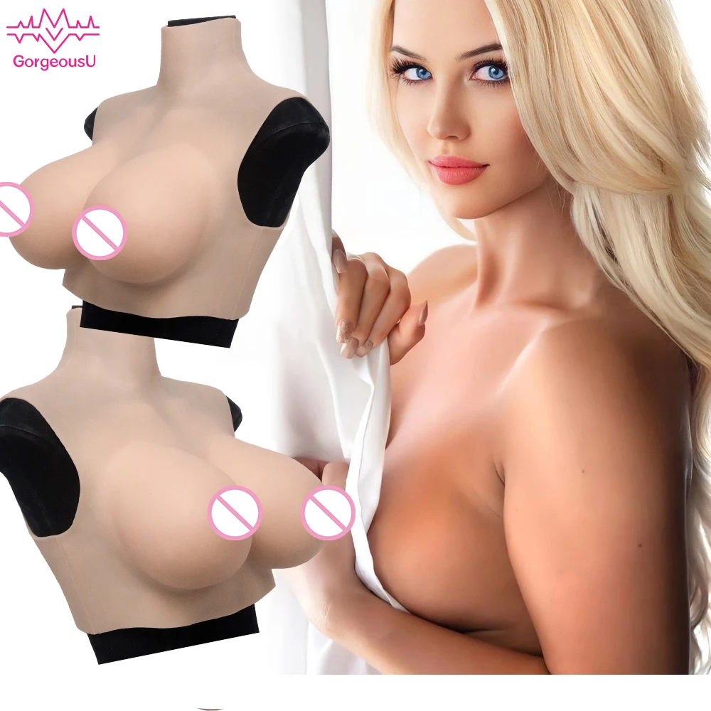 

High Neck Breast​ Silicone Forms Fake Boobs tits Artificial chest Drag Queen Cosplay Crossdressing Sissy Shemale latex catsuit