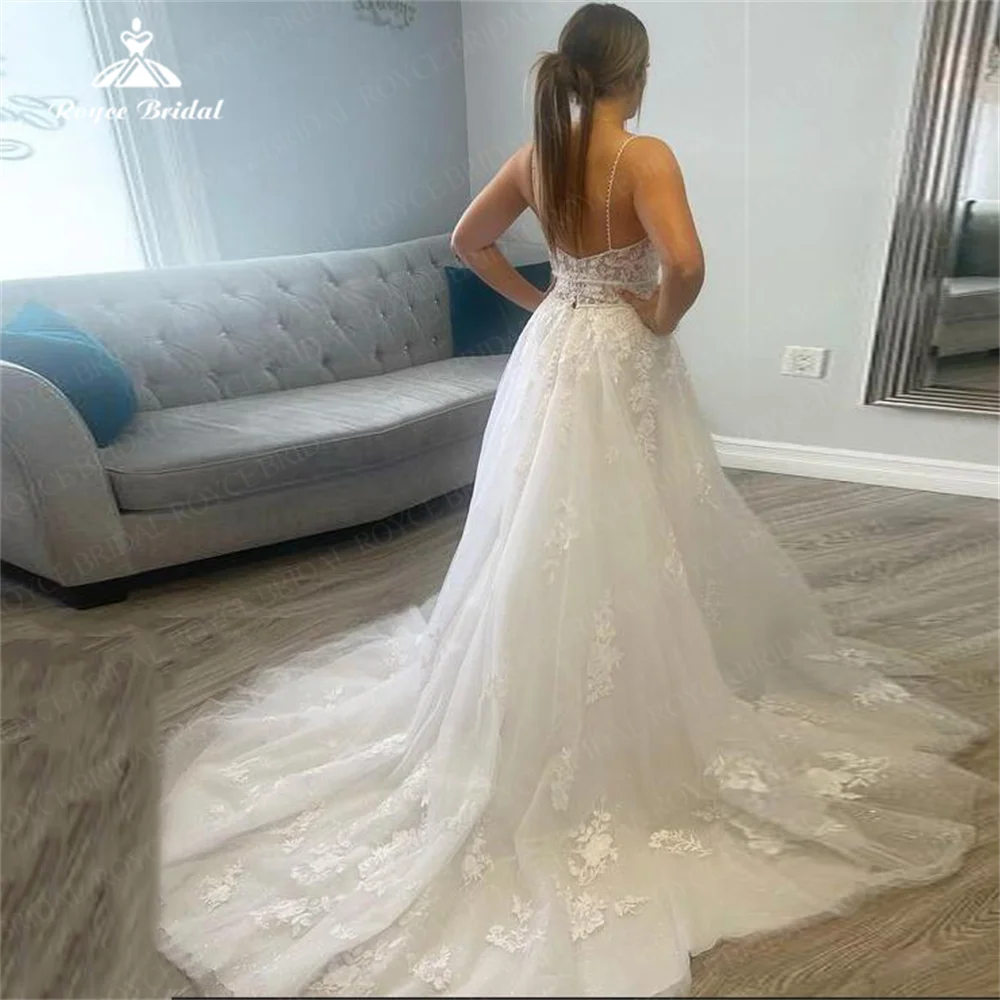 Roycebridal Customize Wedding Dress A Line Tulle V Neck Lace Applique Spaghetti Marriage Gown Sweep Train vestidos de novia