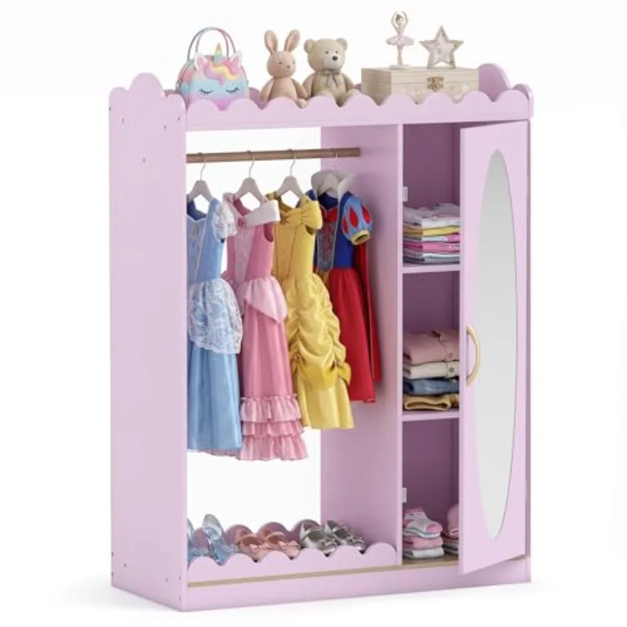 Dress Up Storage with Mirror, Toddler Wardrobe Closet with Open Hanging Rack, Cabinet Shelves, Pink Armoire Costume Organizer f