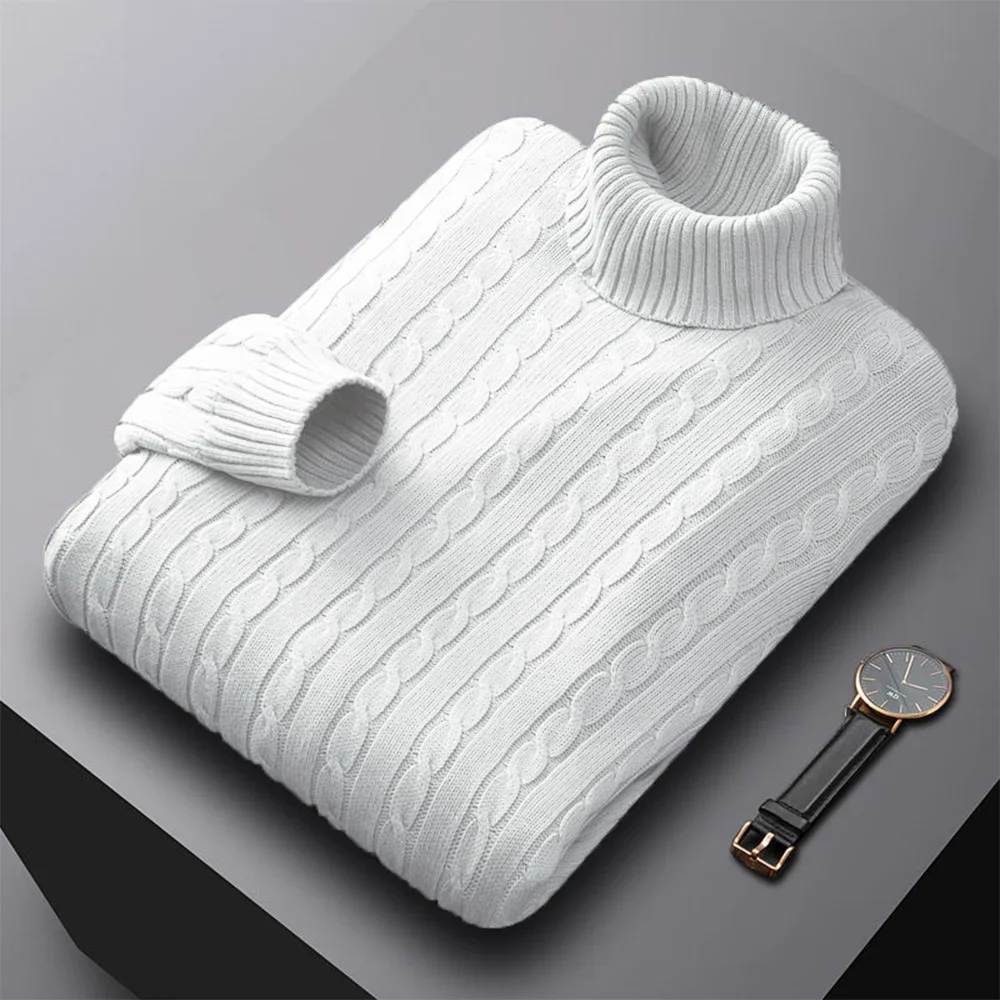 Autumn New Men's Turtleneck Jacquard Sweater Solid Color Knitted Pullover Casual Warmth High Elastic Versatile Male Sweatwear - Image 4