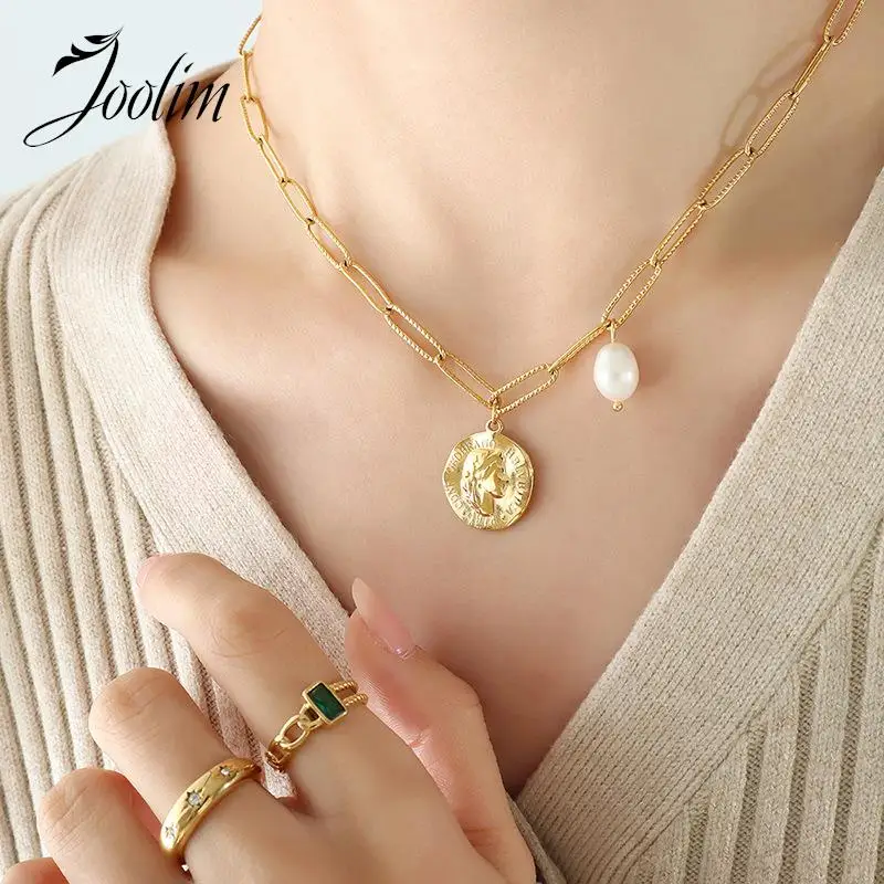 Joolim Jewelry Wholesale PVD Non Tarnish Retro Classic Portrait Coin Freshwater Pearl Pendant Stainless Steel Necklace for Women