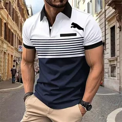 T-shirt polo estampada listrada masculina, camisa casual elegante de lapela, blusa extragrande, roupa de golfe minimalista manga curta tendência de verão