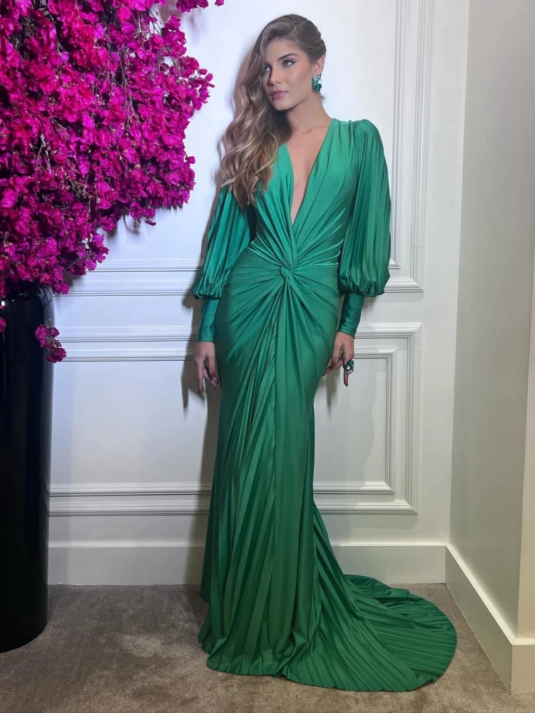 Sexy Deep V Neck Pleat Long Sleeves Maxi Dress Women Green Lantern Sleeve Folds Long Dresses Elegant Evening Party Runway Gowns