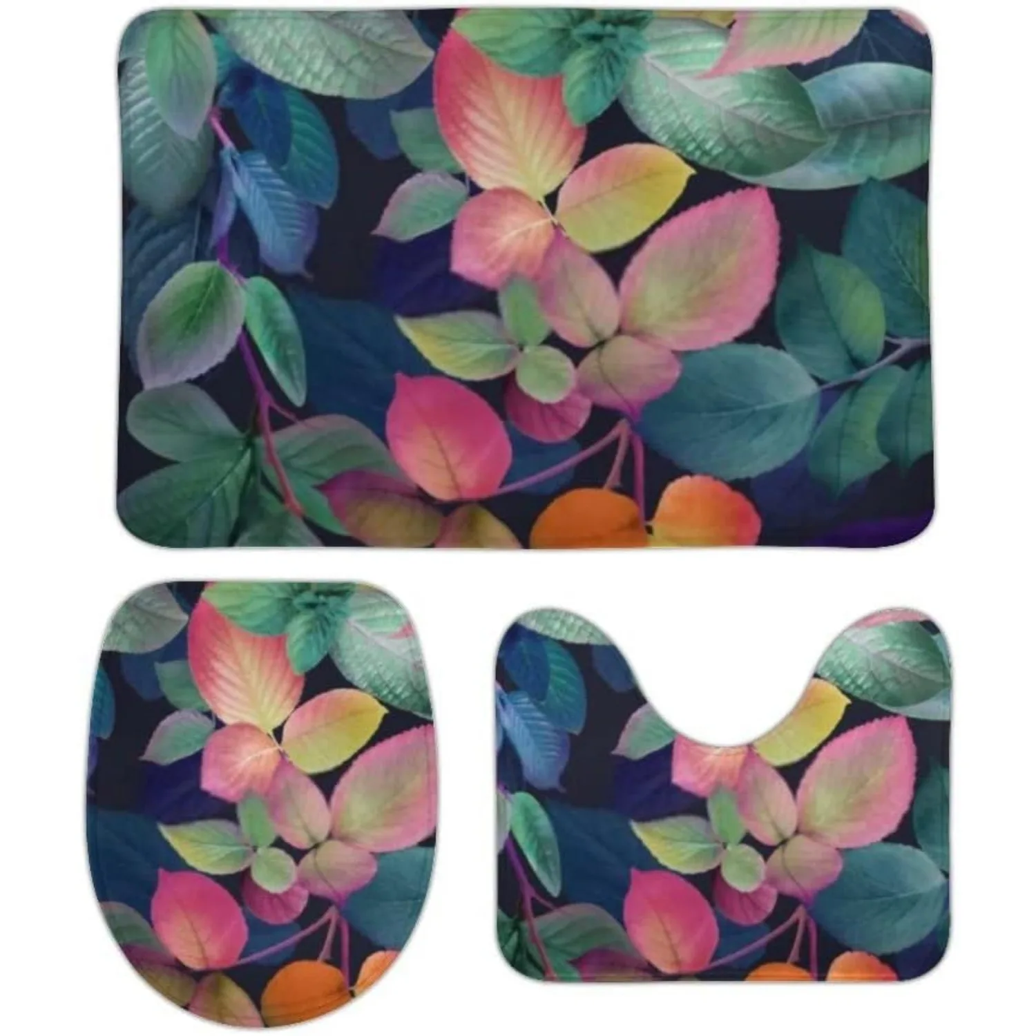 

Набор из трех ковров для ванной комнаты для автодомов, включая коврик для ванной, чехол на сиденье унитаза и мягкий впитывающий коврик с акварельным листом.