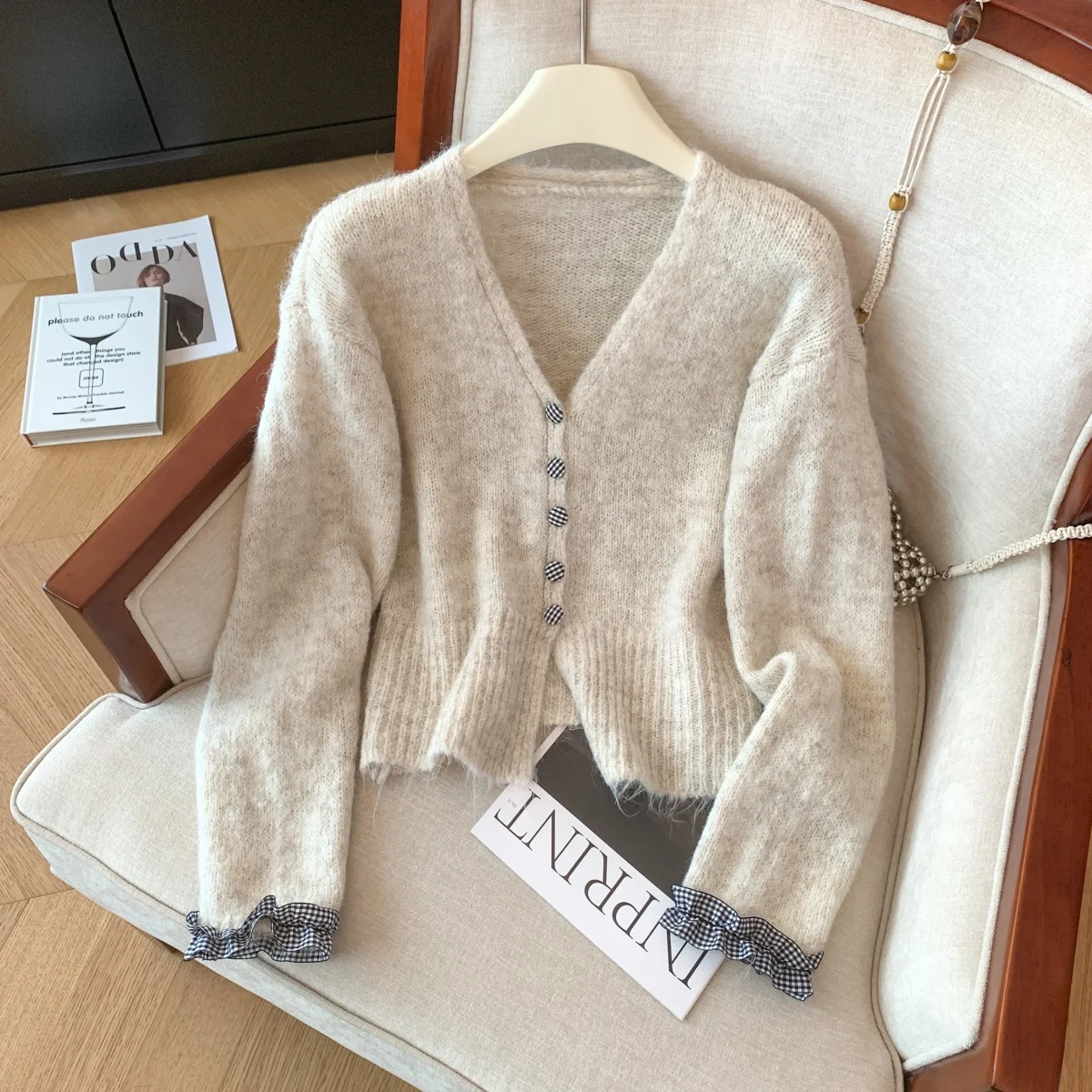 

Trendy Korean Plaid Knitted Open Cardigan Women's New Design Splicing Bell Sve Slimming Sweater Spring Autumn Winter