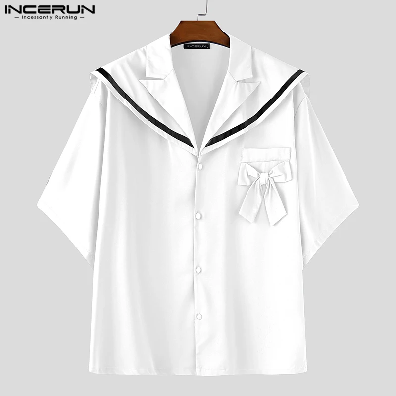 

INCERUN Мужская рубашка в стиле пэчворк, темно-синий воротник, свободная мужская одежда с коротким рукавом, уличная одежда, свободные летние повседневные топы с бантом в корейском стиле