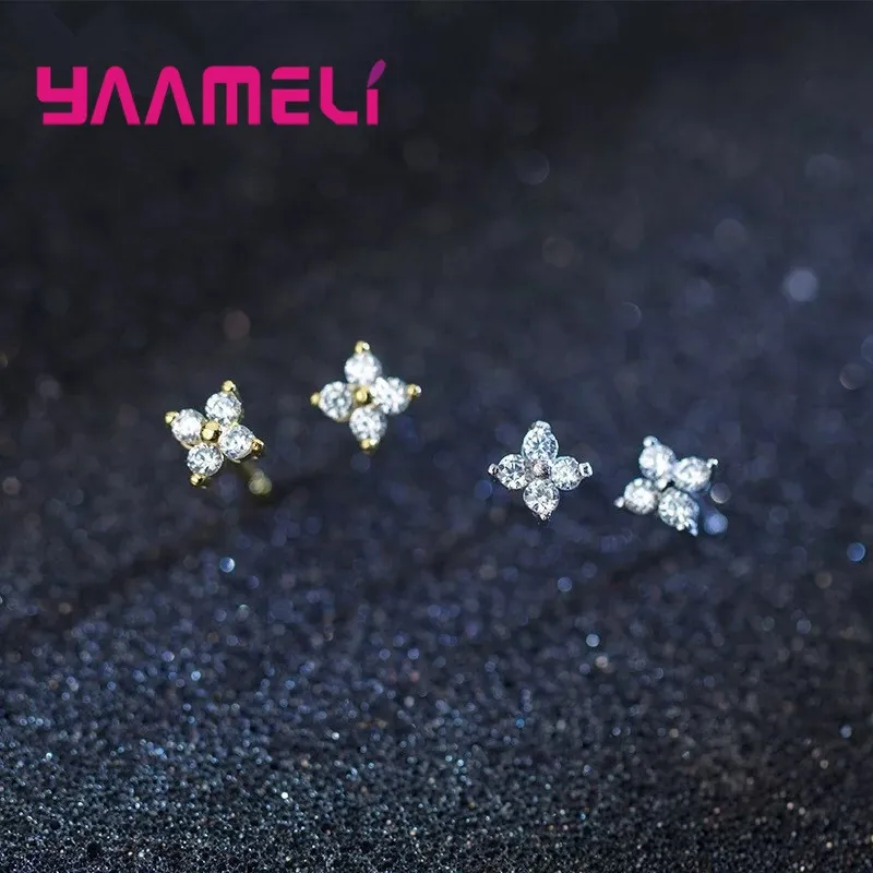 

100% Real 925 Sterling Silver Color Clover Stud Earrings Bright Zircon Earrings For Women Girl Fashion Trendy Jewelry