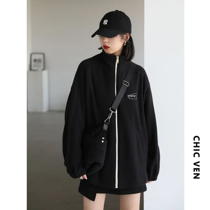 CHIC VEN Women‘s Sweatshirts Warm Thick Fleece Jacket Casual Loose Stand Collar Double Sided Coat Female Lady Autumn Winter 2022