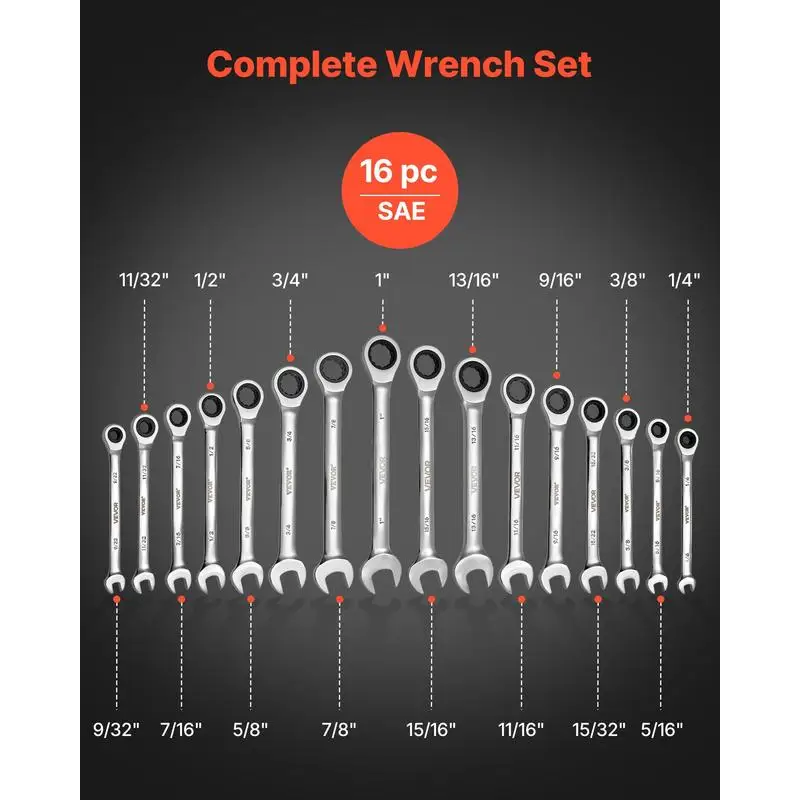 

Combination Wrench Set, 16-Piece SAE Sizes, 72 Teeth, Cr-V Steel Ratcheting Wrench Set, with Roll Up Pouch, Open End, Clear Size Labels, for General Household and Automotive Repairs, Silver