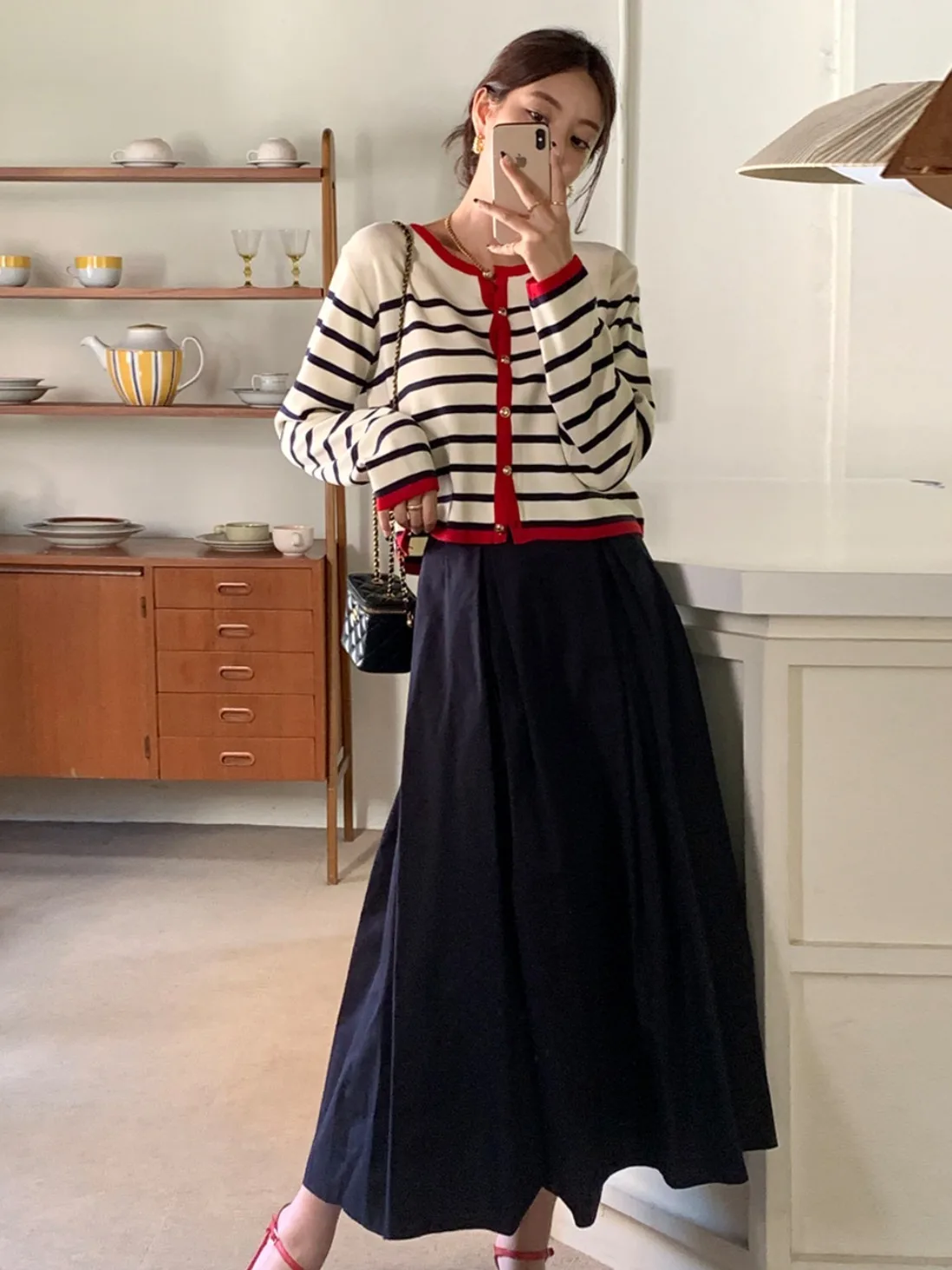 Chaqueta de punto clásica Vintage otoñal e para mujer con borde de bloque de Color y ropa de abrigo a rayas de manga l...