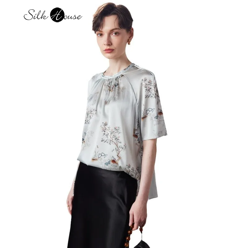 

Natural Mulberry Silk Satin Printed T-shirt for Women Spring and Summer New Chinese Style Loose and Breathable Satin Silk Top