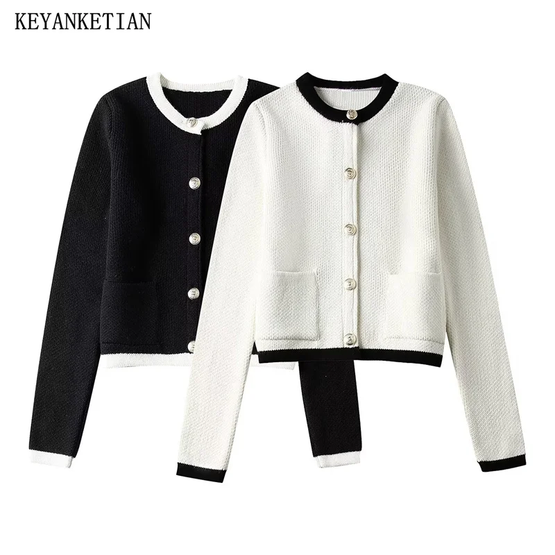 KEYANKETIAN 2024 New Launch Contrast Piping Single Breasted Women\'s Knit Cardigans Spring Pockets O-Neck Slim Sweater Crop Top