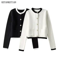 Keyanketian-女性用シングルブレストニットカーディガン,スプリングポケット,ラウンドネック,スリムセーター,クロップトップ,対照的なリボン,新しい発売,2022