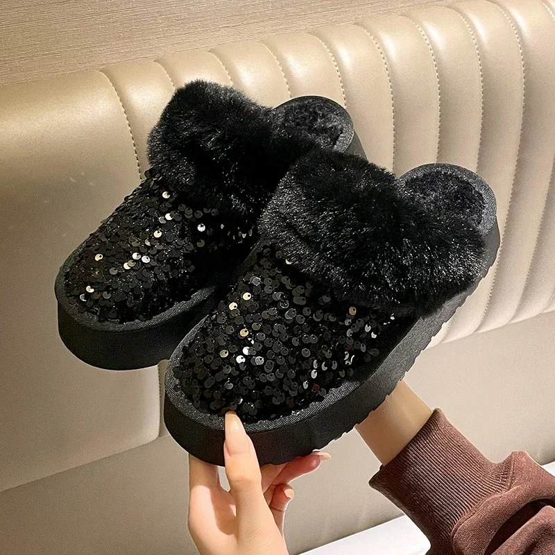 

Новые зимние шерстяные тапочки, женские модные тапочки с круглым носком и блестками в европейском и американском стиле, хлопковые тапочки, роскошные замшевые сапоги
