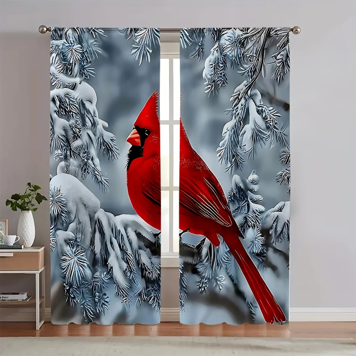 2pc Cardinal Print Door Curtains – Light-Reducing Rod Pocket Panels for Bedroom, Living Room, Kitchen & Office, Christmas Decor