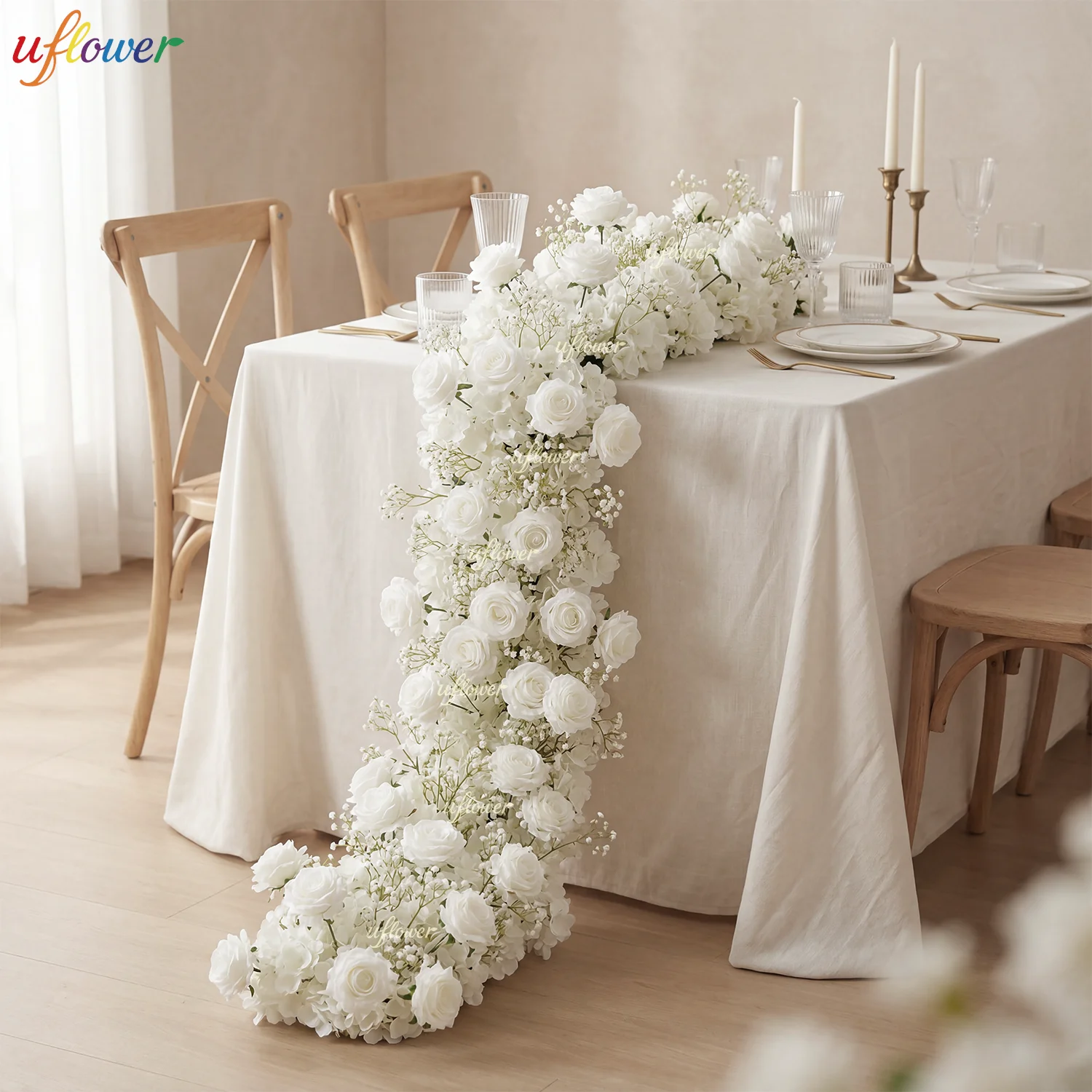 Uflower Weiße Rose Schleierkraut Künstliche Blumen Hochzeitsbogen Blumenreihe Tischdekoration Blumenläufer Party-Requisiten