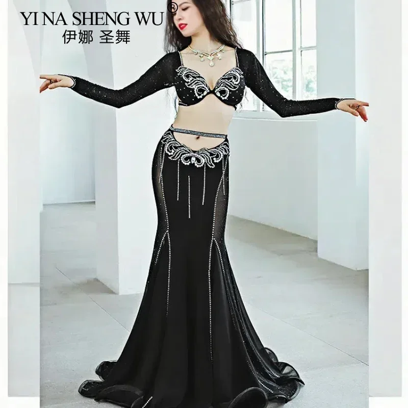 새로운 밸리 댄스 공연 의상 블랙 긴 소매 중공 피쉬 테일 스커트 여성 전문 경쟁 공연 댄스 세트