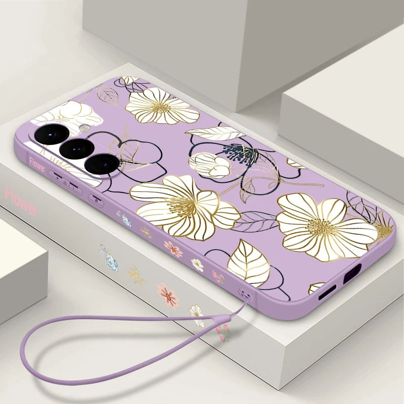 Чехол со шнурком White Line Flower для Samsung Galaxy A56 A55 A54 5G A36 A35 A16 A15 S21 FE S22 S23 Plus S24 S25 Ultra Capa Coque