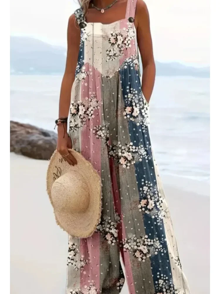 Plus Size Women's  1XL-5XL Fashionable Floral Print Loose Elegant Overalls Jumpsuit Ladies Casual Suspender Wide-Leg Jumpsuit