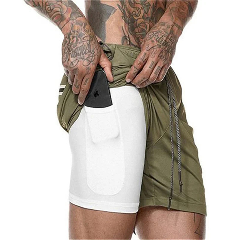 Pantalones cortos de compresión para correr para hombre, ropa deportiva 2 en 1, pantalones cortos de doble cubierta para gimnasio, entrenamiento
