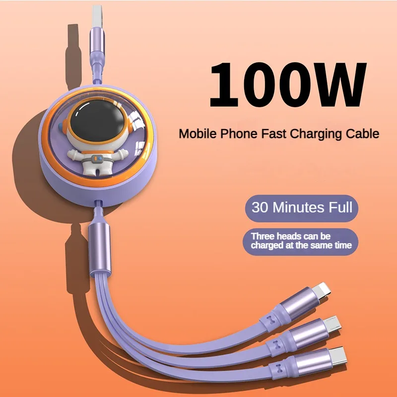 كابل USB 100 وات ثلاثة في واحد قابل للسحب للشحن السريع والبيانات USB صغير من النوع C مناسب لهواتف iPhone وAndroid وXiaomi وHuawei