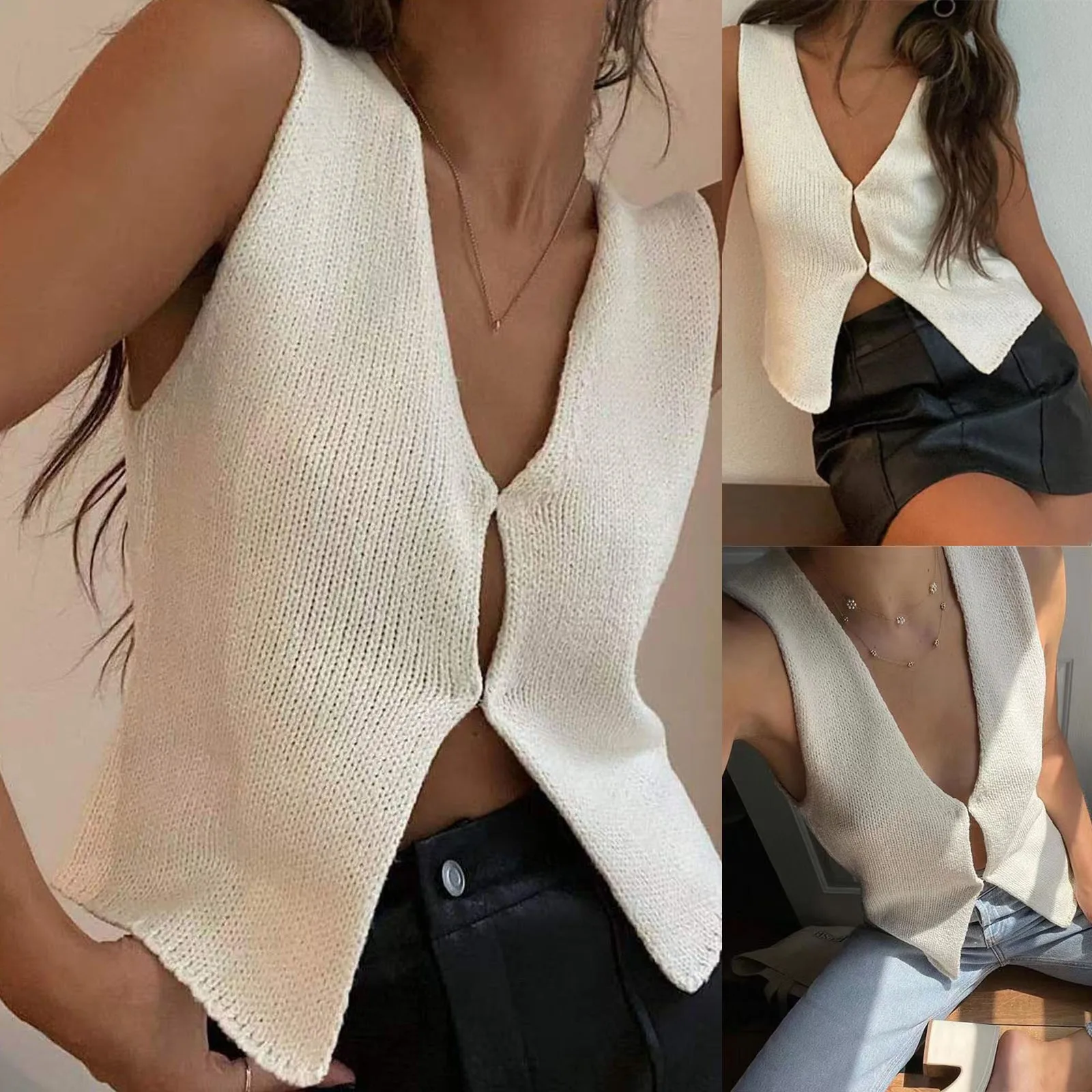 

Sexy Sleeveless Knit Sweaters Vest For Women Solid Crochet V Neck Vest Top Hollow Out Button Down Tank Tops Korean Blouse Y2k