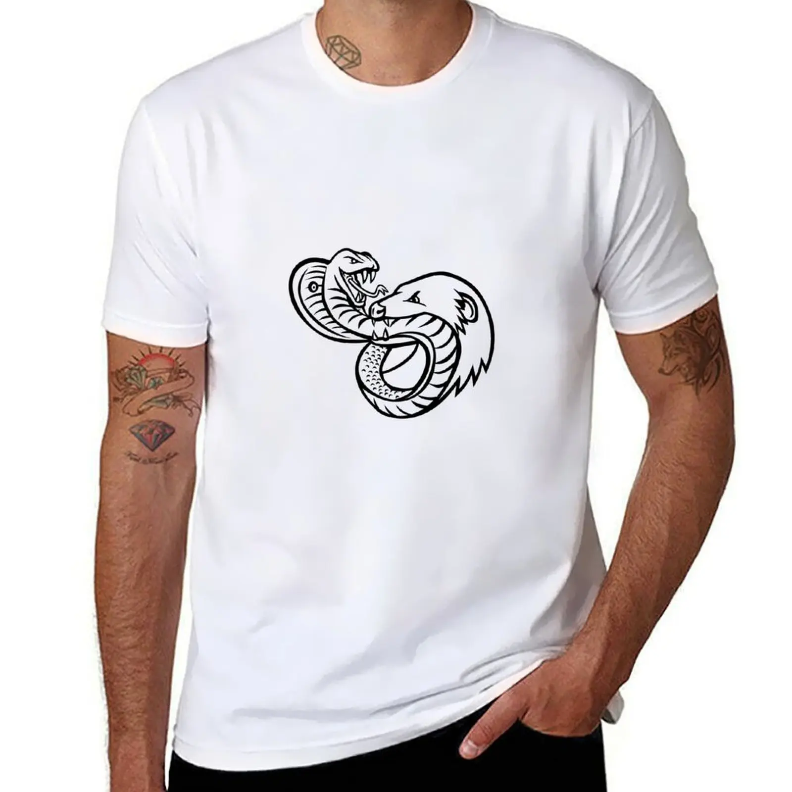 

King Cobra Snake and Mongoose Fighting Biting and Attacking Mascot Retro Black and White T-Shirt Clothing men clothing